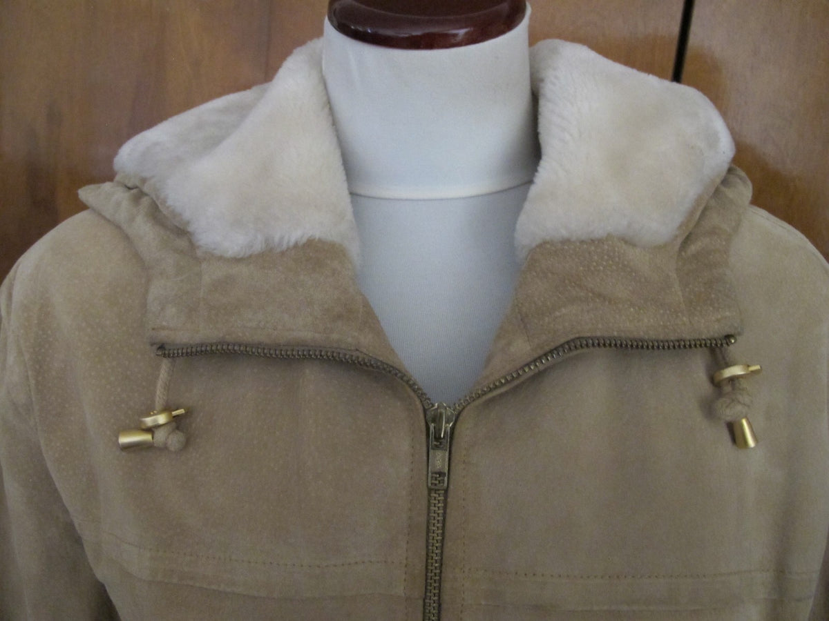 Women's Colebrook Beige Hooded Leather Winter Coat Medium