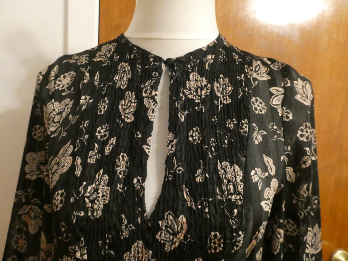 Zara Women's XS Black Floral Mini Dress Long Sleeve Pleated Boho Made in Morocco