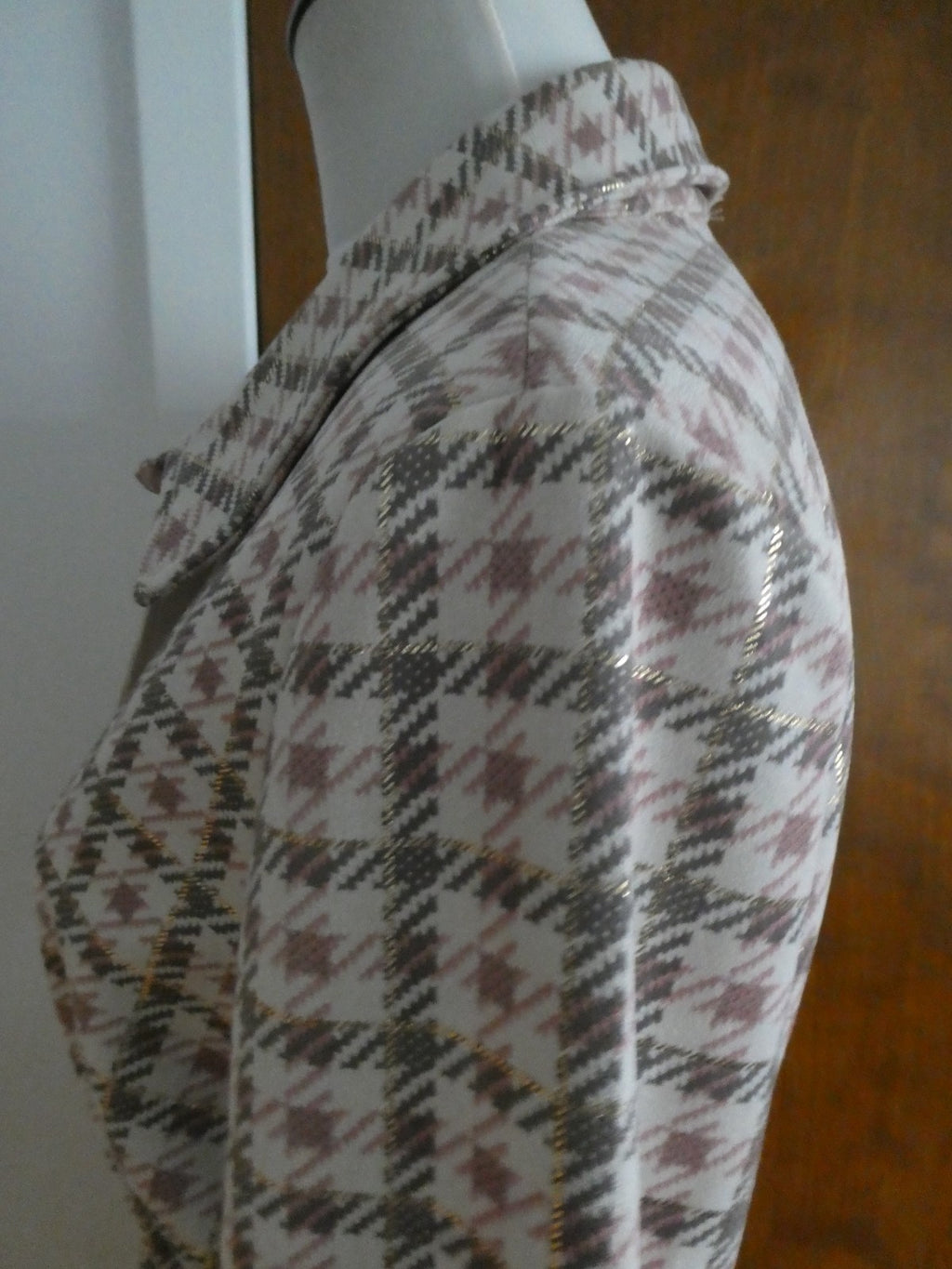 Aliceblue Women’s Plaid Long Jacket Coat Gray Pink Gold Snap Stretch Size Small