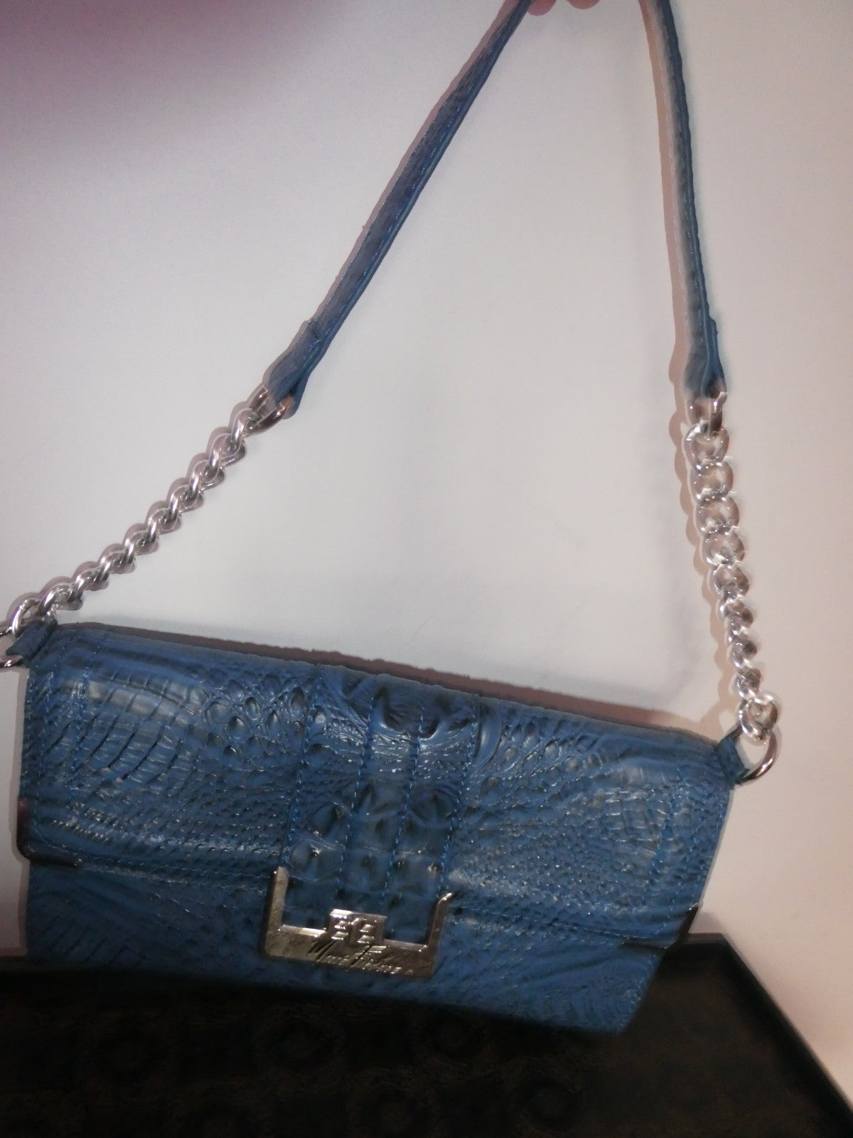 Mark Fisher Women’s Purse Handbag Blue Croc Print Faux Chain Clutch Silver Snap