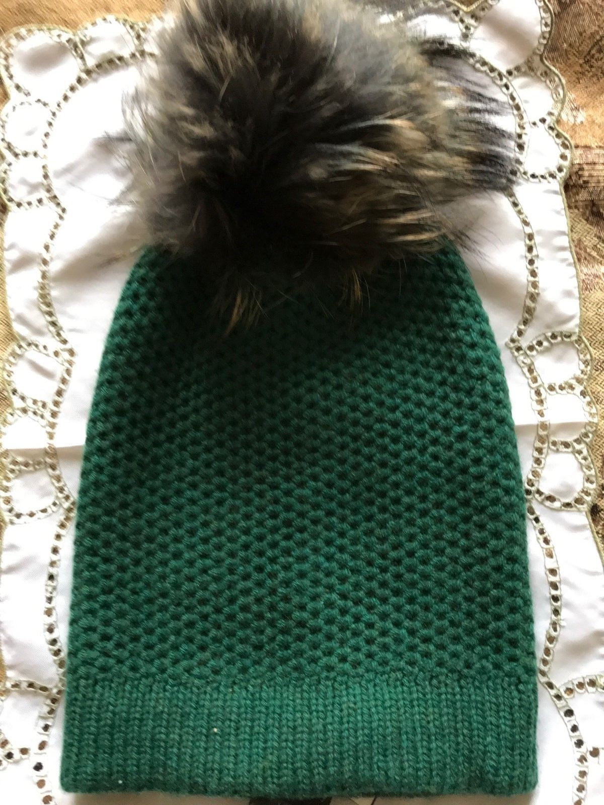 Bloomingdale Raffaello Bettini Green Cashmere Women Real Fox Fur Dyed Pom Hat