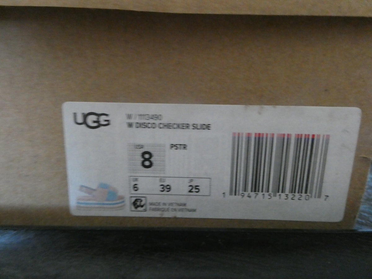 UGG WOMEN’S PINK/BLUE DISCO PASTEL STRIPE COMBO FLUFF SLIDE SANDALS US SIZE 8