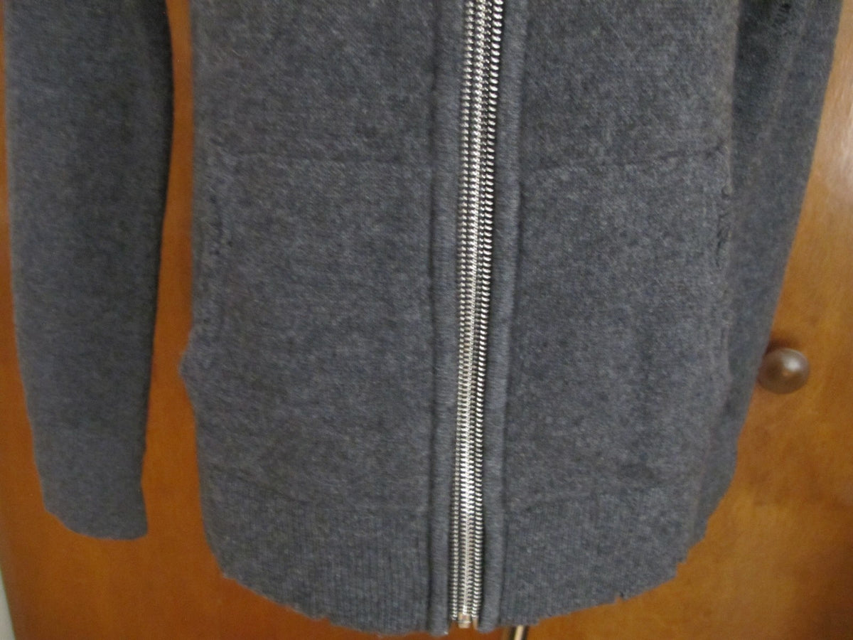 Aqua Women's Gray Cashmere Distressed Attached Hood Full Zipper Sweater XS New