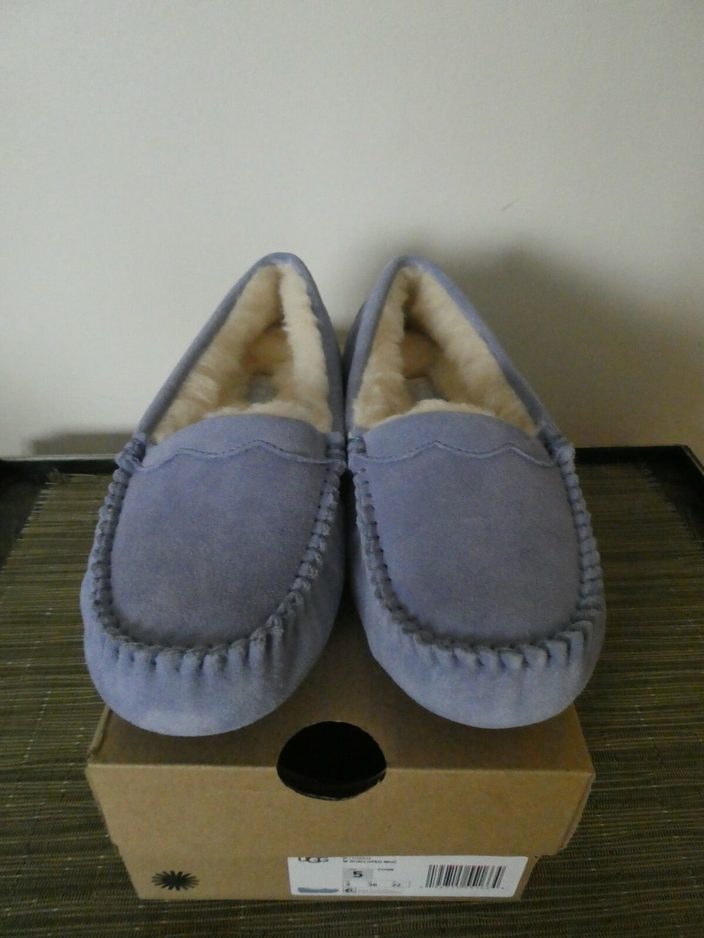 UGG Scalloped Moc Women Blue WLD Authentic Winter Suede Fur Moccasin Slipper 5,6