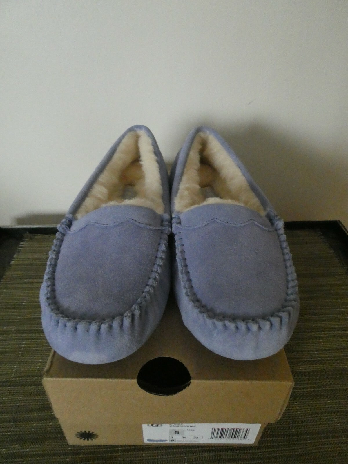 UGG Scalloped Moc Women Blue WLD Authentic Winter Suede Fur Moccasin Slipper 5,6