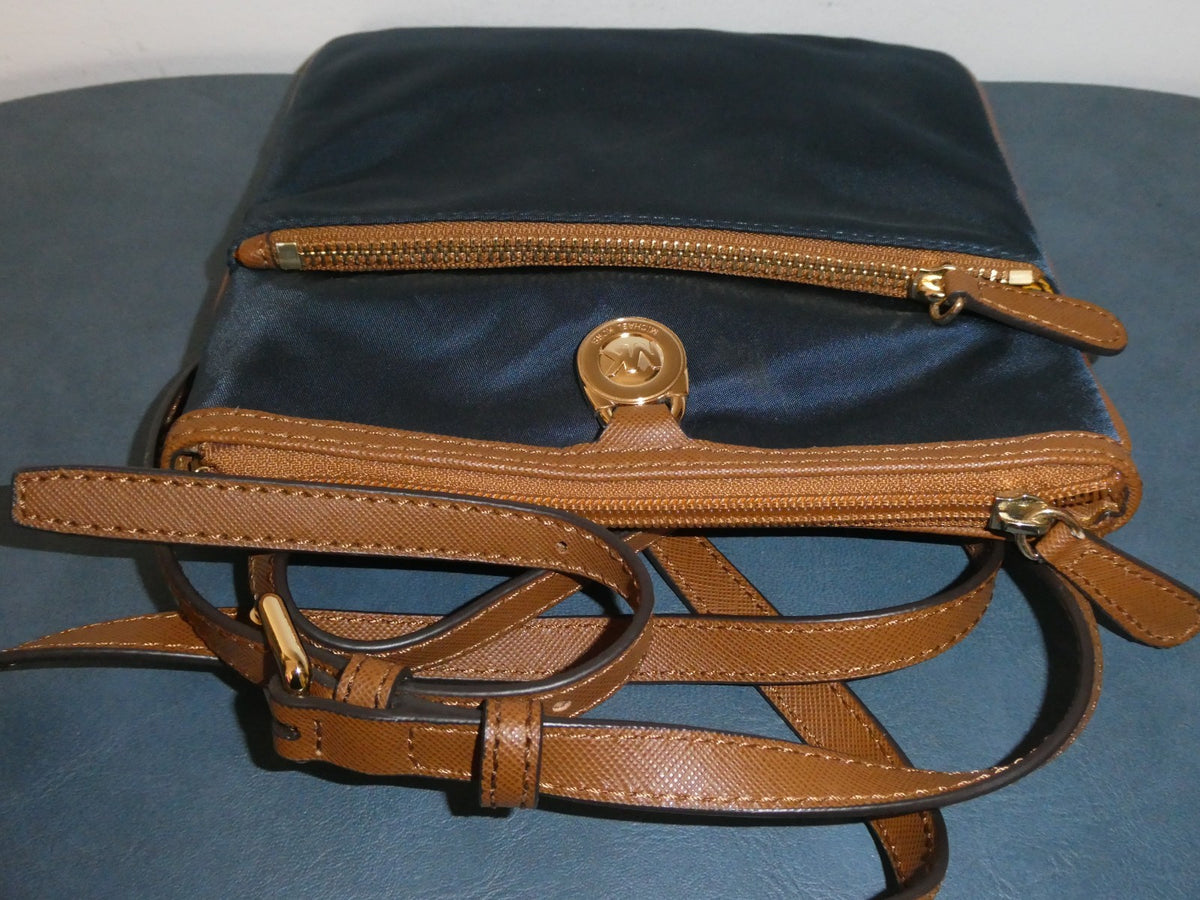 Michael Kors Navy Nylon Crossbody Bag Brown Trim 5 Pocket Gold Tone EUC