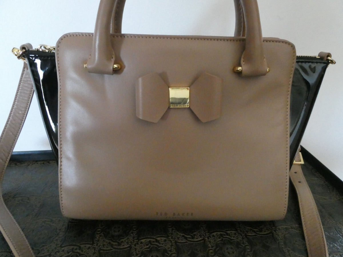 Ted Baker London Leather Crossbody Bag Nude/Black Top Handle Gold Bow Handbag