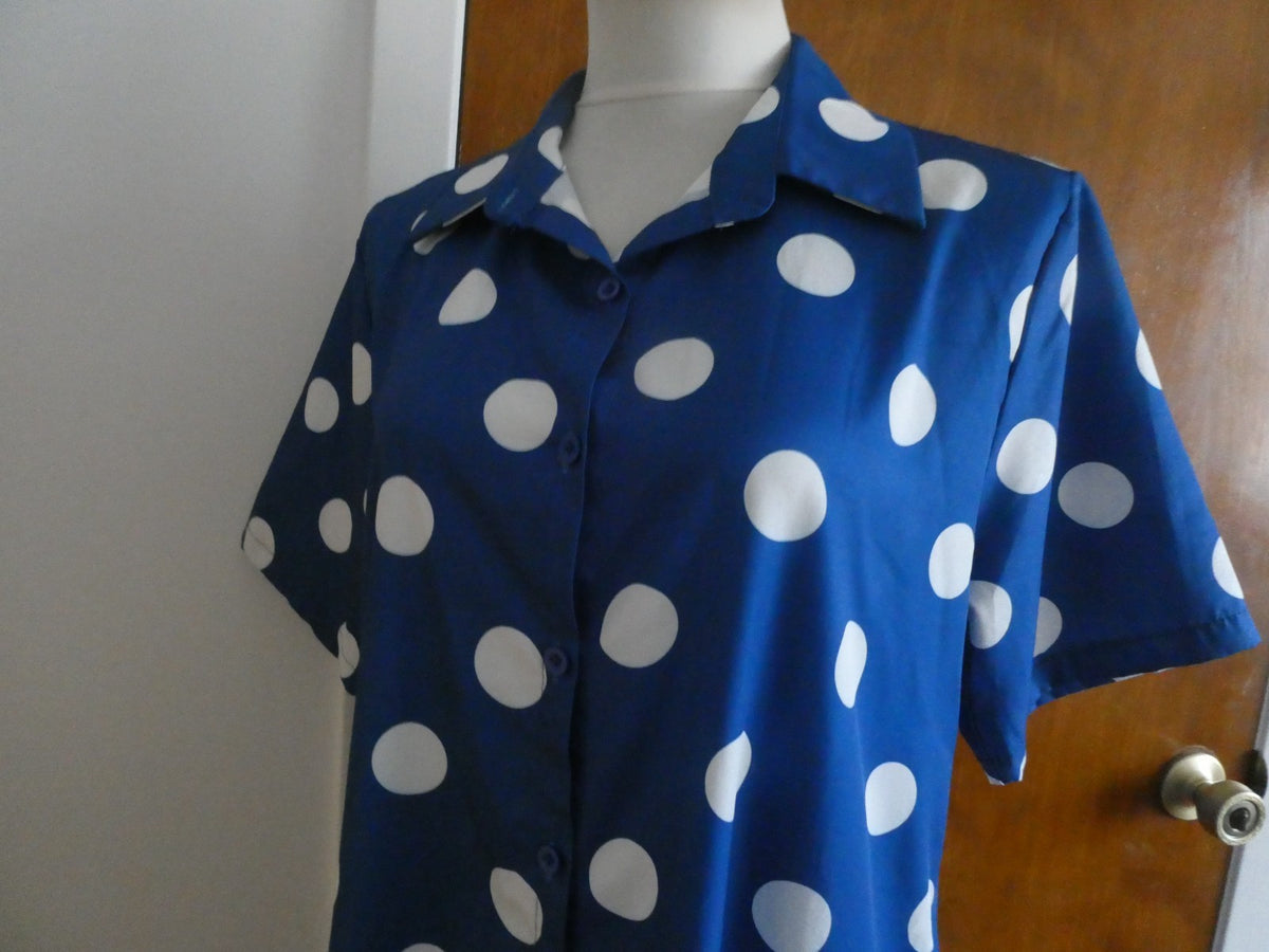 Women's navy/white polka dot button-down collared dress size XL