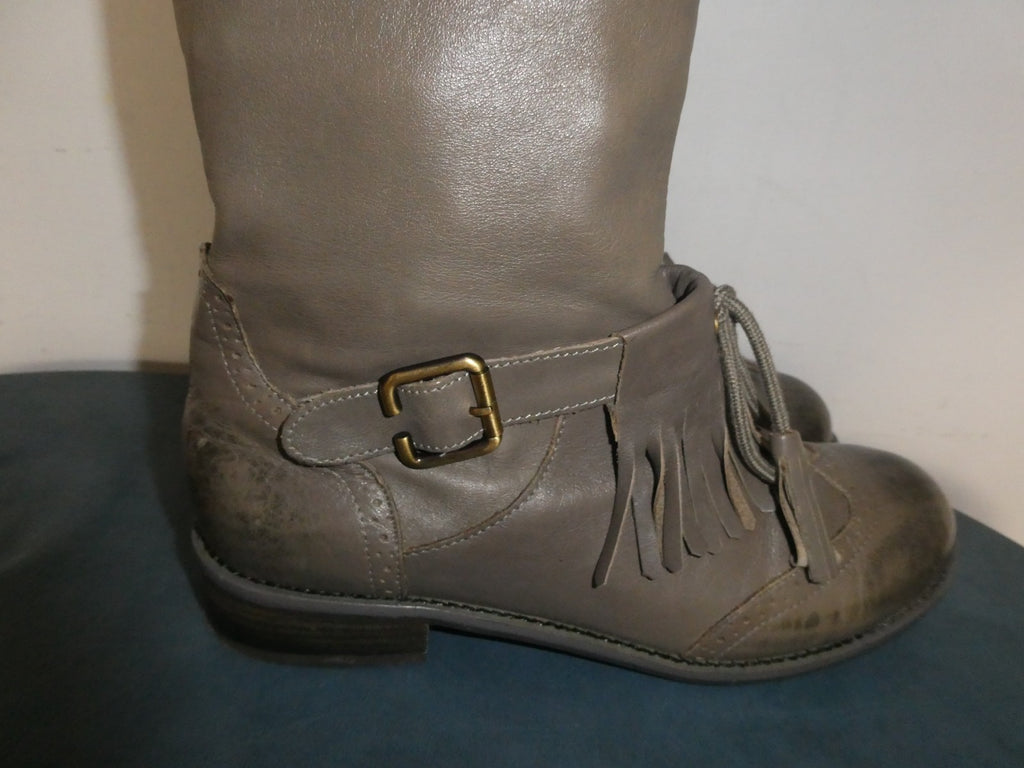 Lucky Penny Tall Fringe Boots Women’s 7.5B Gray Taupe Leather Knee High Boho