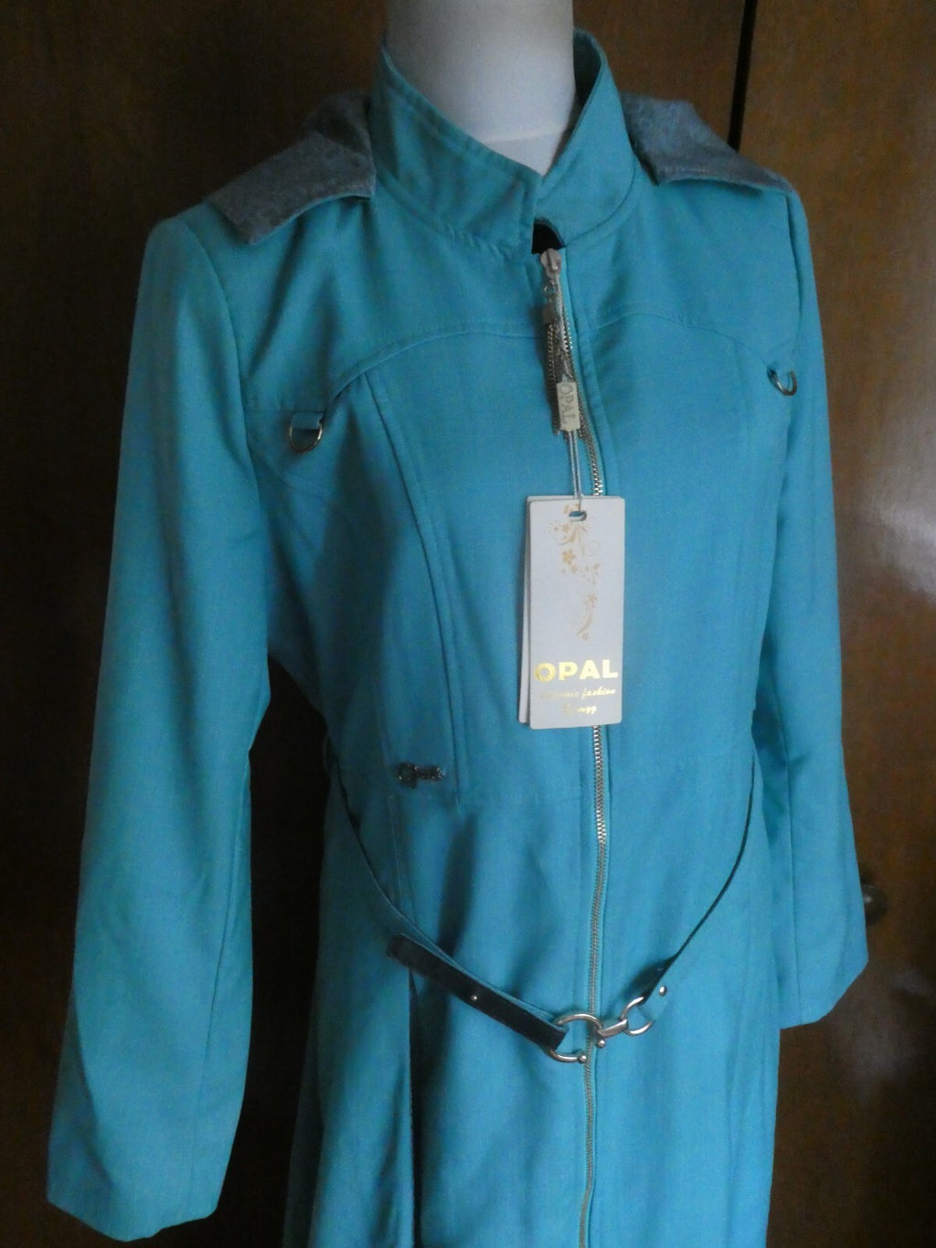 Opal Islamic women light sea green lined full zip belted long hooded coat US14