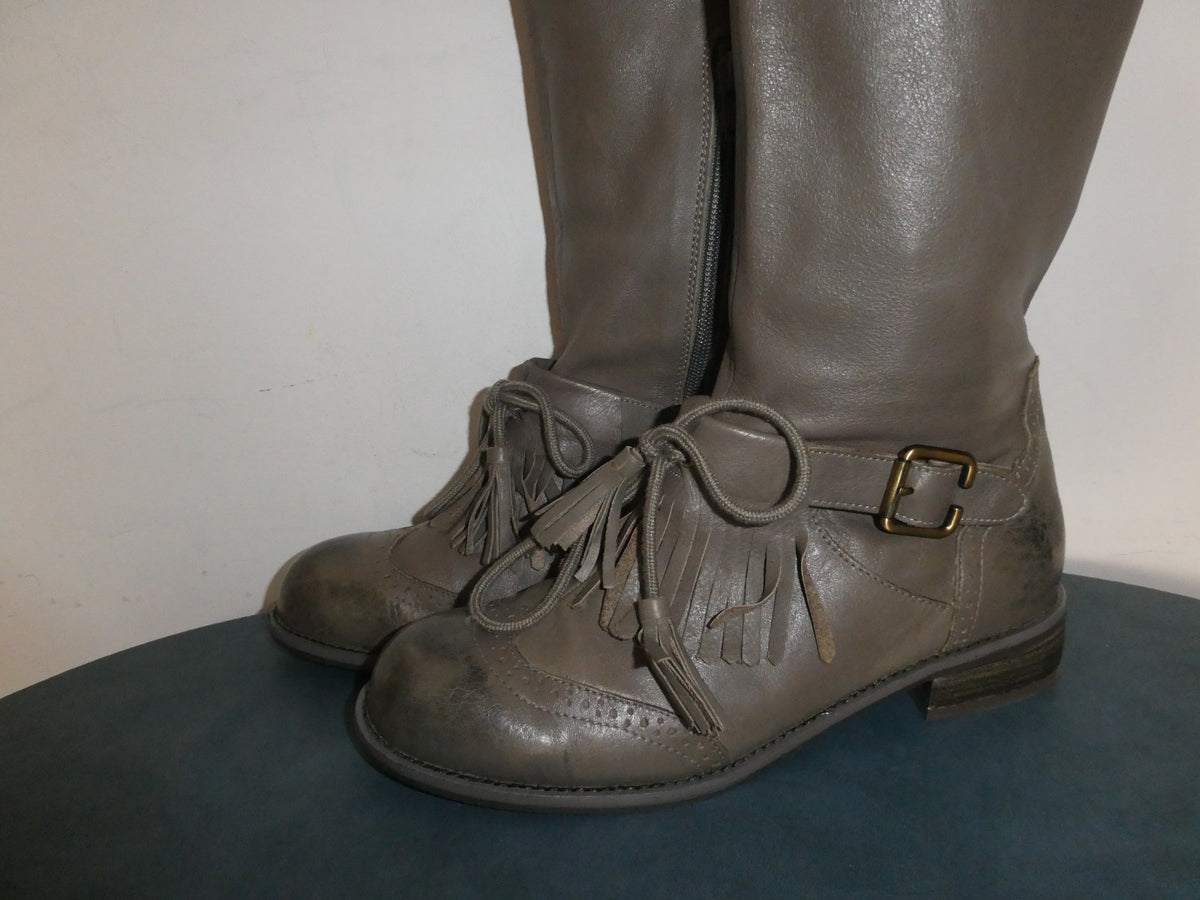 Lucky Penny Tall Fringe Boots Women’s 7.5B Gray Taupe Leather Knee High Boho