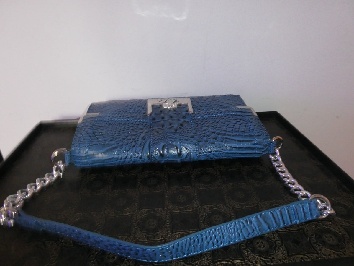 Mark Fisher Women’s Purse Handbag Blue Croc Print Faux Chain Clutch Silver Snap