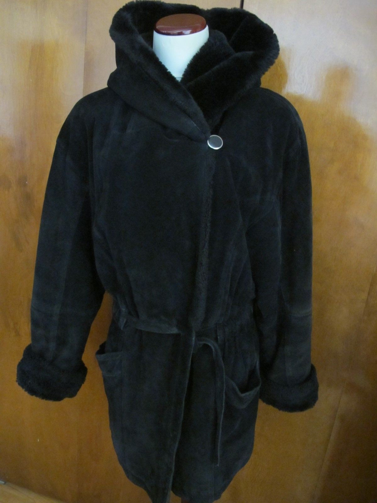 Women's Otello Pelle Black Hooded Cuir Leather Winter Coat Medium
