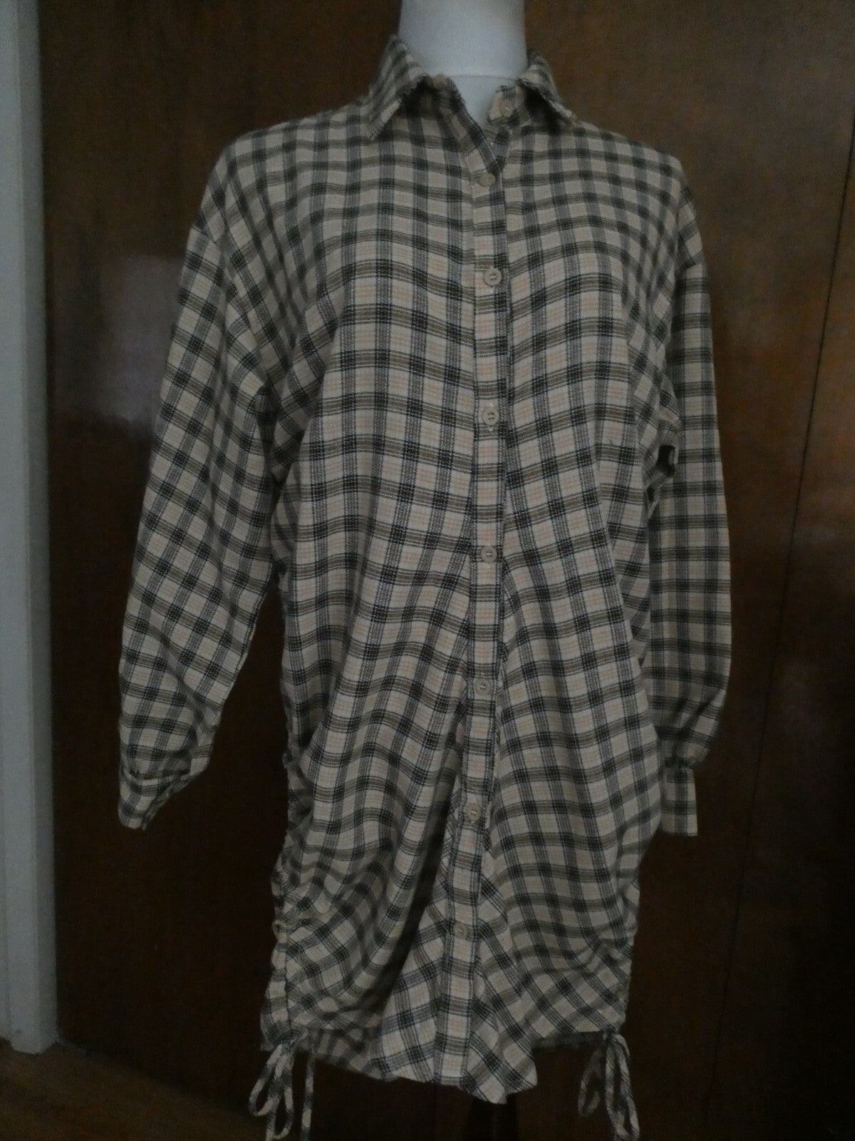 PRETTYLITTLETHING Shirt Dress Beige Check Oversized Detail Size 6