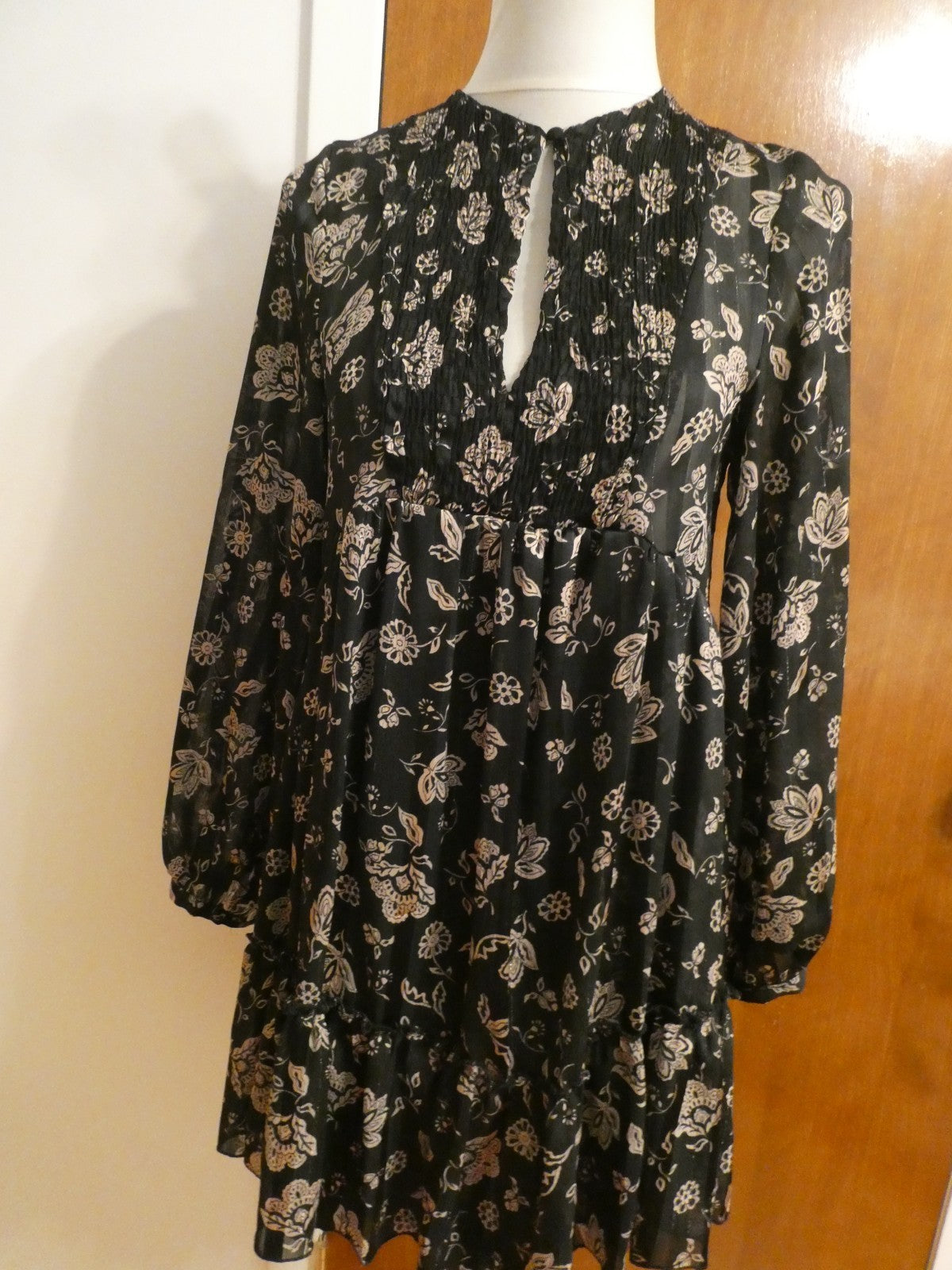 Zara Women's XS Black Floral Mini Dress Long Sleeve Pleated Boho Made in Morocco
