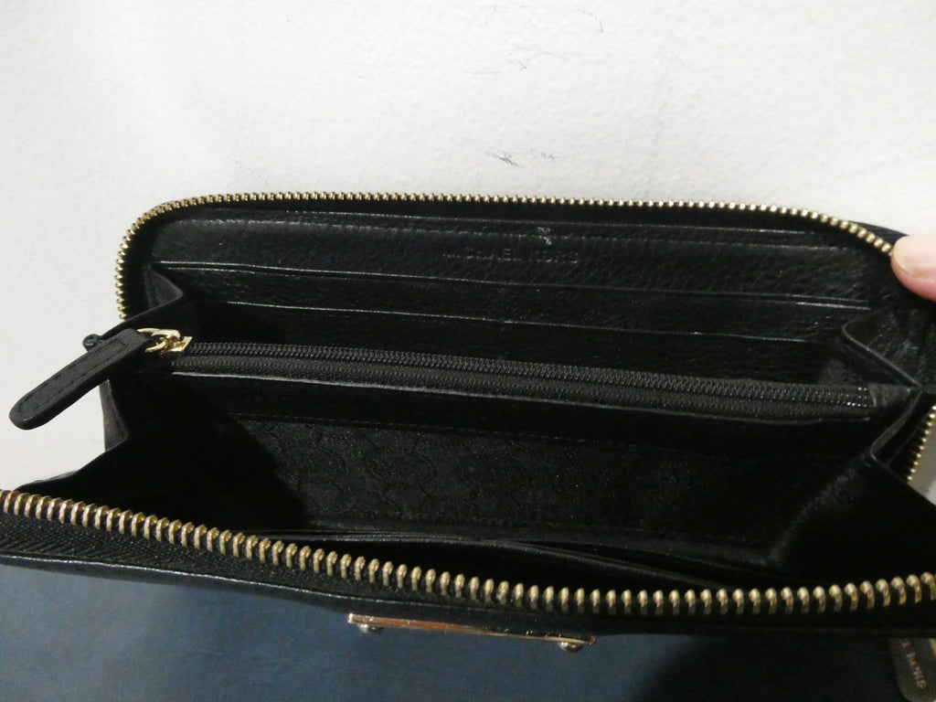 MICHAEL KORS Zip Around Wallet Black Gold Logo Plate Designer Large