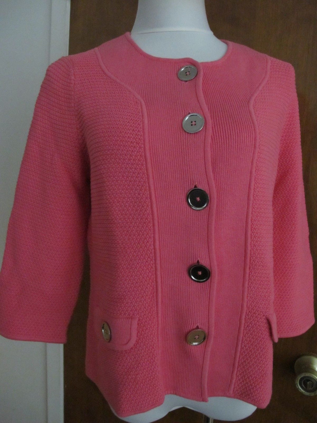 Jones New York Signature Womens Pink Buttoned Pocketed 3/4 Sleeves Jacket Large 
