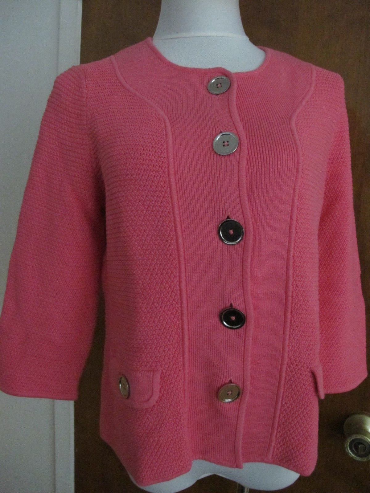 Jones New York Signature Womens Pink Buttoned Pocketed 3/4 Sleeves Jacket Large 