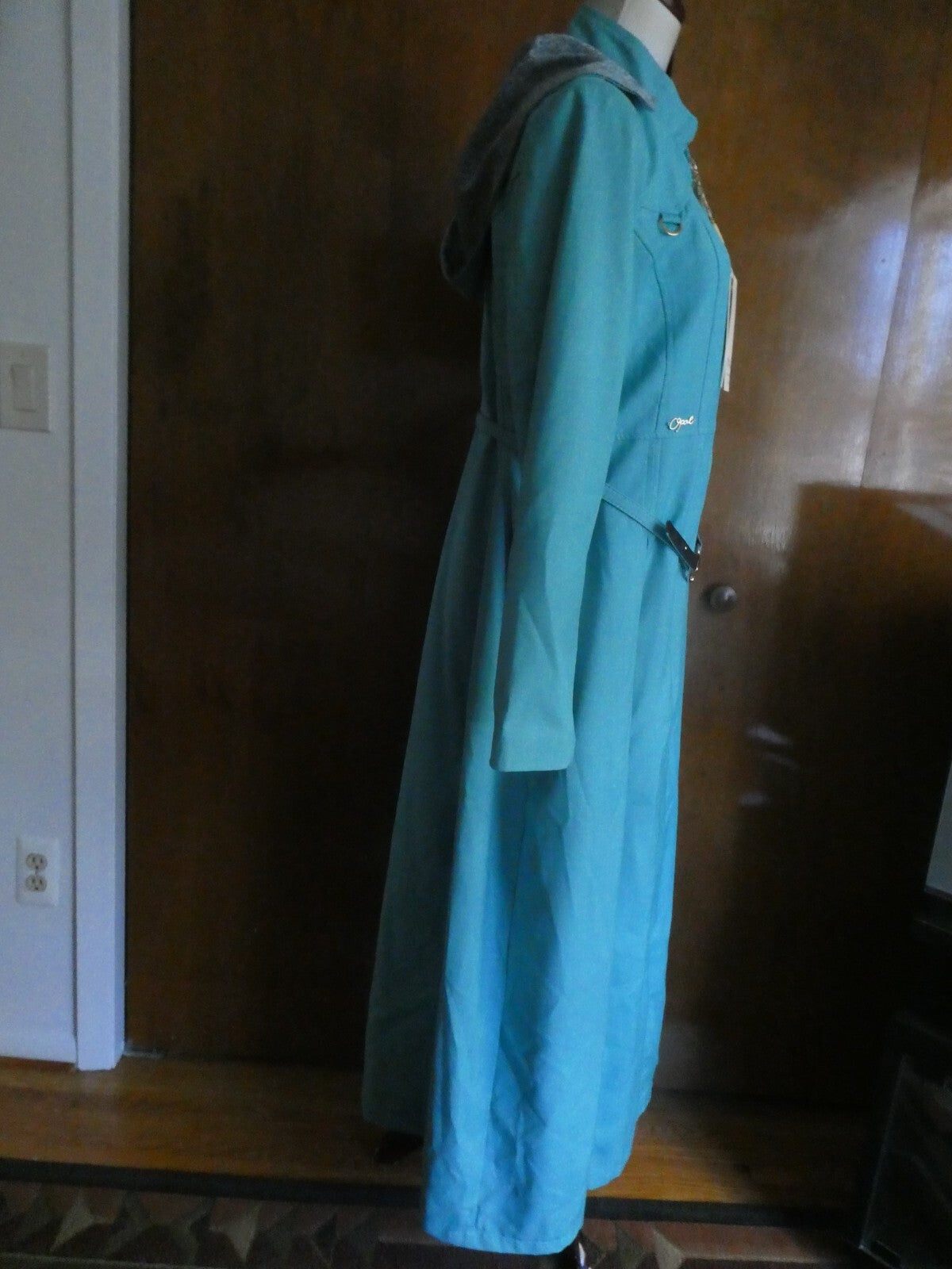 Opal Islamic women light sea green lined full zip belted long hooded coat US14