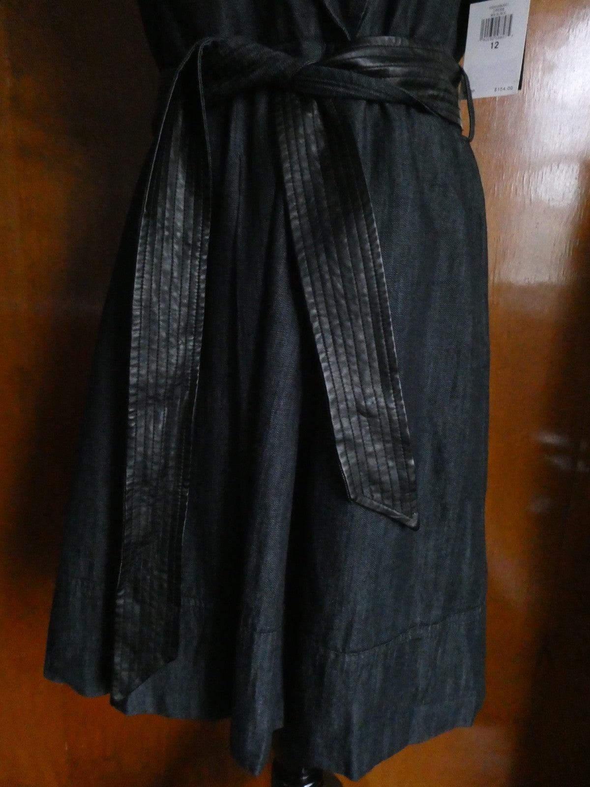 Lauren Ralph Lauren Dress Sz 12 Black Sleeveless Belted Leather Trim A-Line NWT