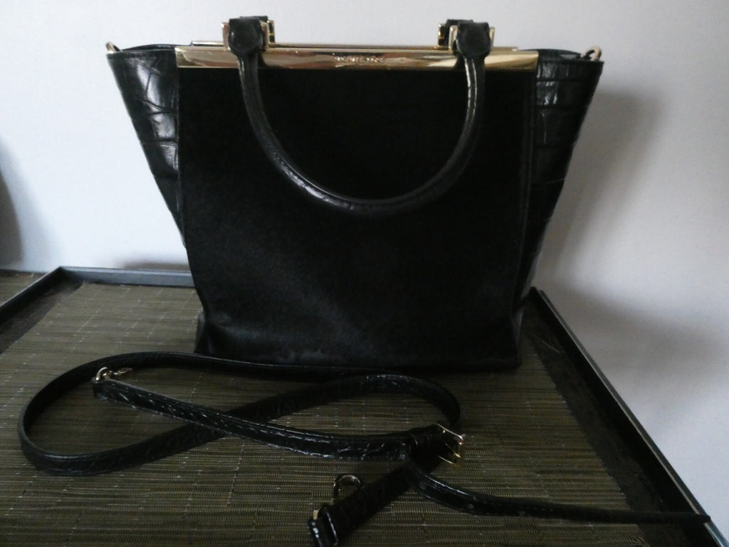 MICHAEL KORS black leather trim haircalf dyed composed crossbody handbag