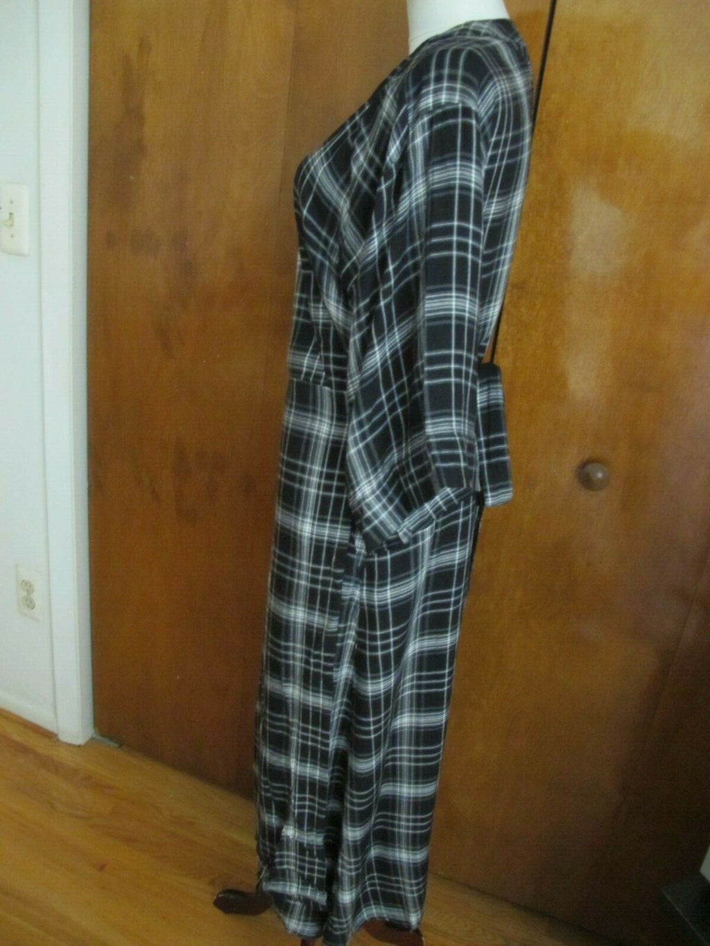Gap Women's Black Plaid 3/4 Sleeves Tie-Waist Midi Wrap Dress Tall Large 