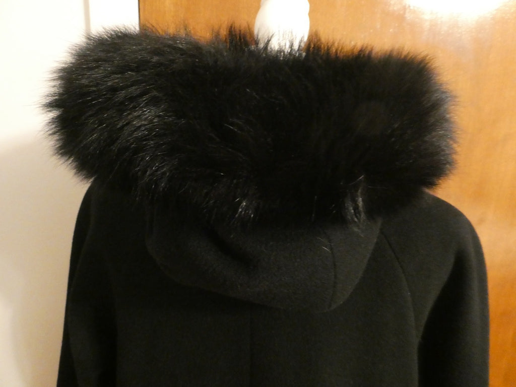 J.G HOOK Women Black 100% Wool A-Line Hood Fox Fur Trim Winter Coat 6 (fit 8-10)