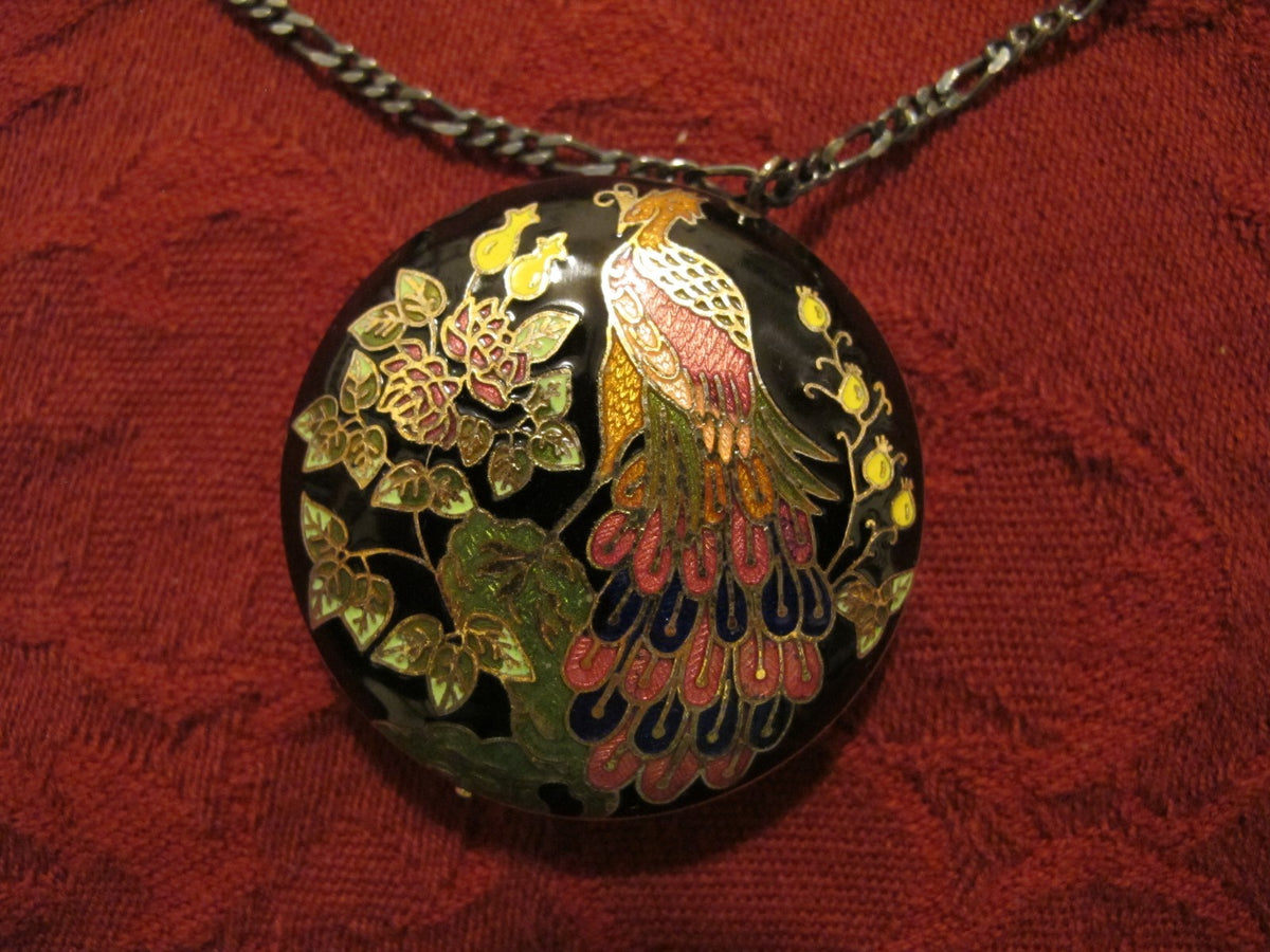 Vintage Oriental round women's black pendant on black silver chain