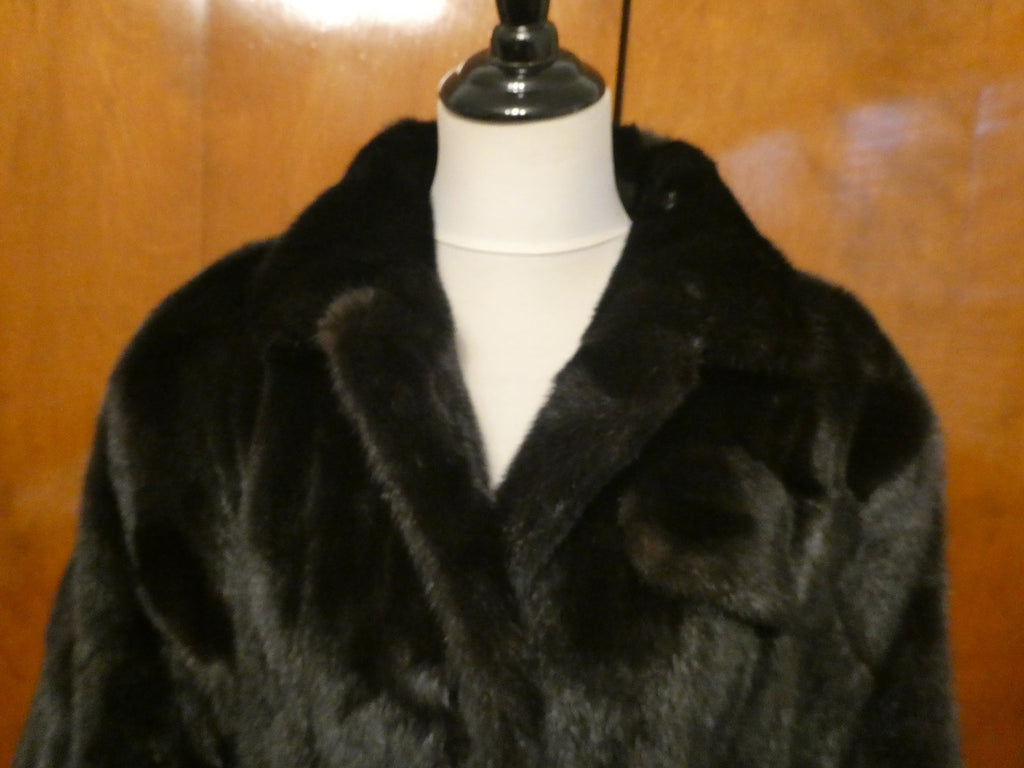 Genuine Mink Fur Coat Full Length Vintage Dark Brown Black Fur Collar Size 12