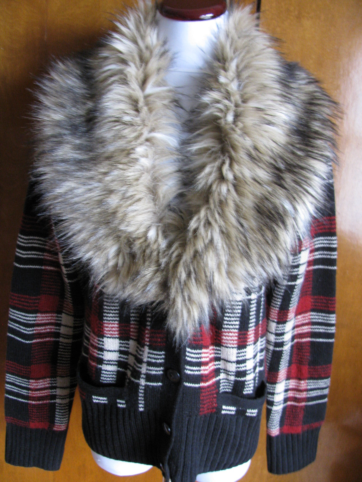 Denim & Supply Ralph Lauren Women Plaid Cardigan Faux Fur Trim Removable Collar