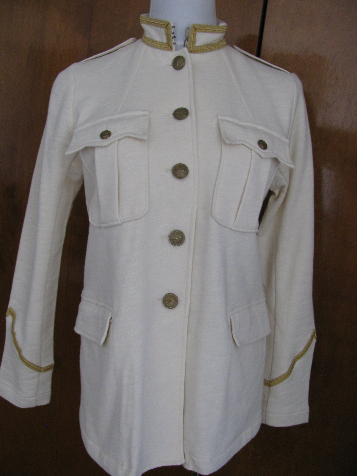 Denim & Supply Ralph Lauren Women Ivory Military Jacket Cotton Chic Gold Trim