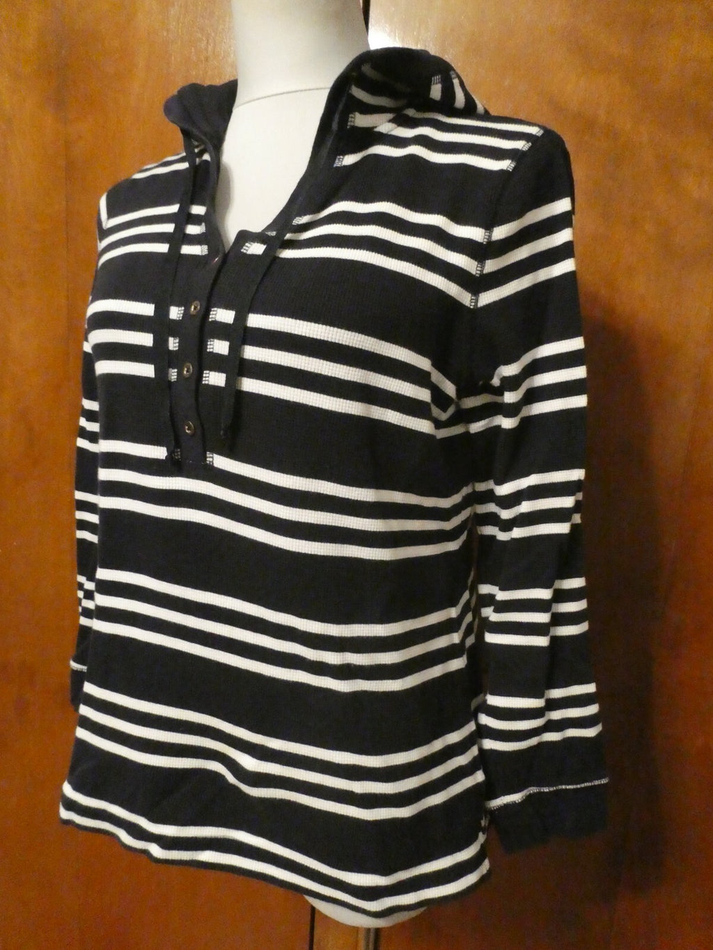 Charter Club Women's Navy Striped Sweater Attached Hood Medium Preowned 