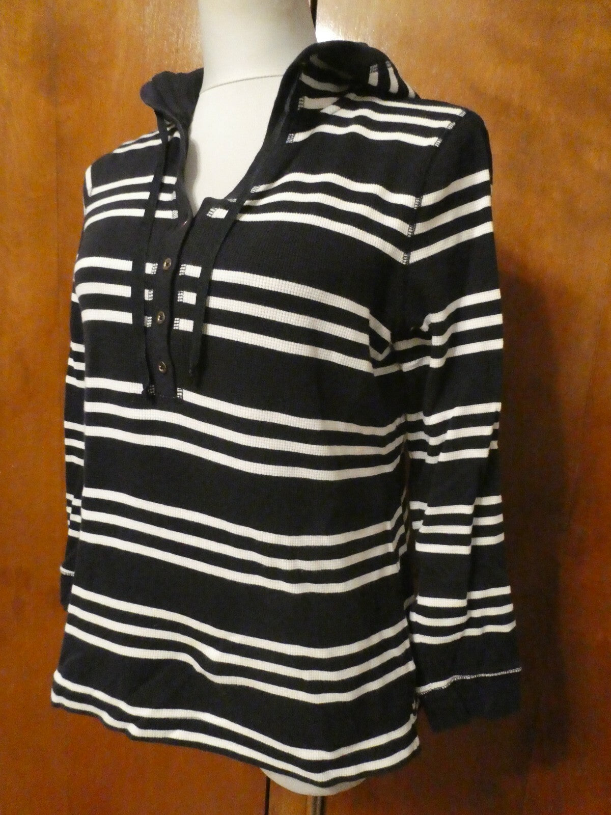 Charter Club Women's Navy Striped Sweater Attached Hood Medium Preowned 