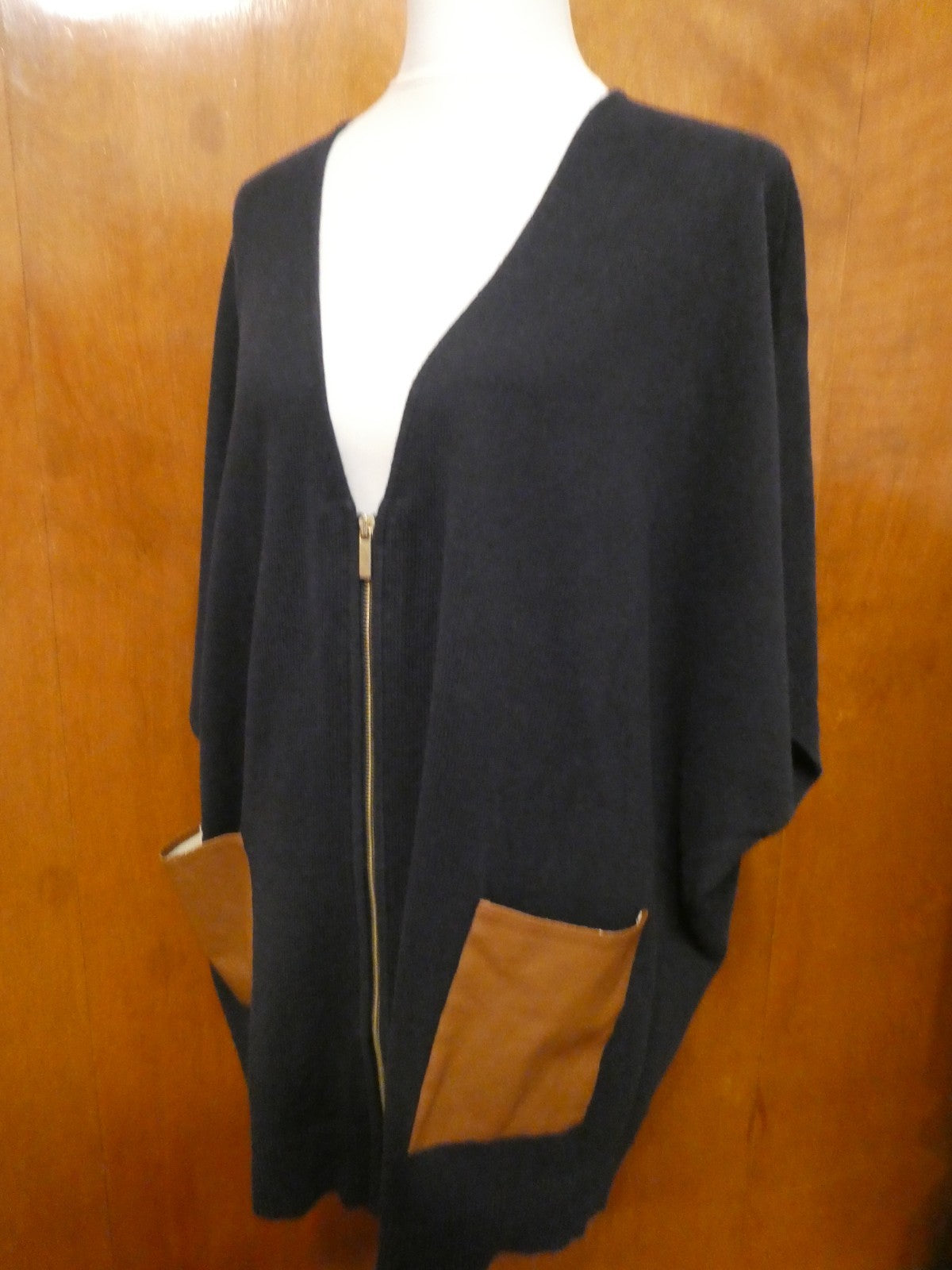 Ann Taylor LOFT Sweater Cardigan M/L Black Zip Front Faux Leather Pocket Dolman