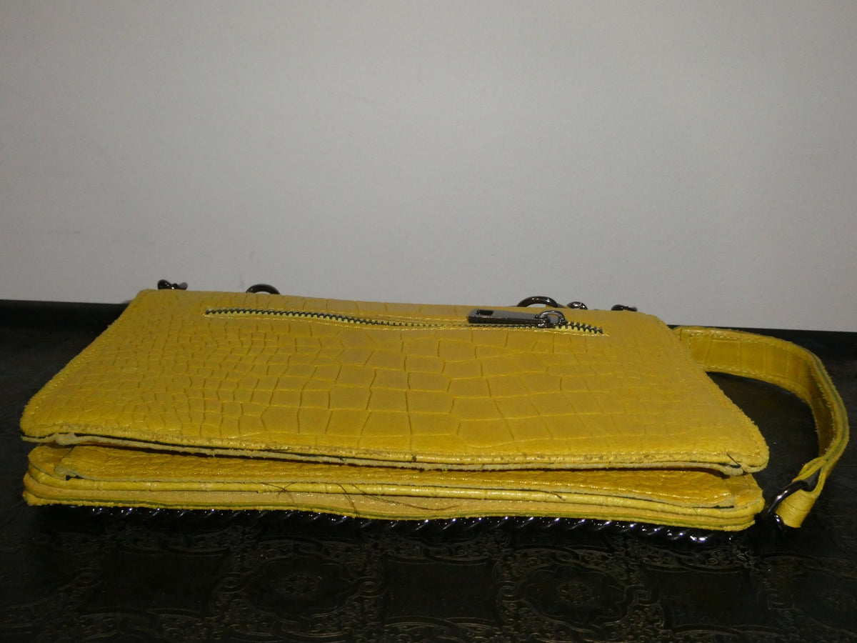 Italian Genuine Leather Chain Shoulder Crossbody Bag 9x7x 2 Mustard Yellow Italy