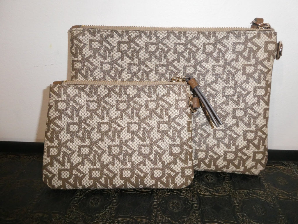 Authentic DKNY Vela Two Pouch Travel Make Up Cosmetic Set Signature Brown