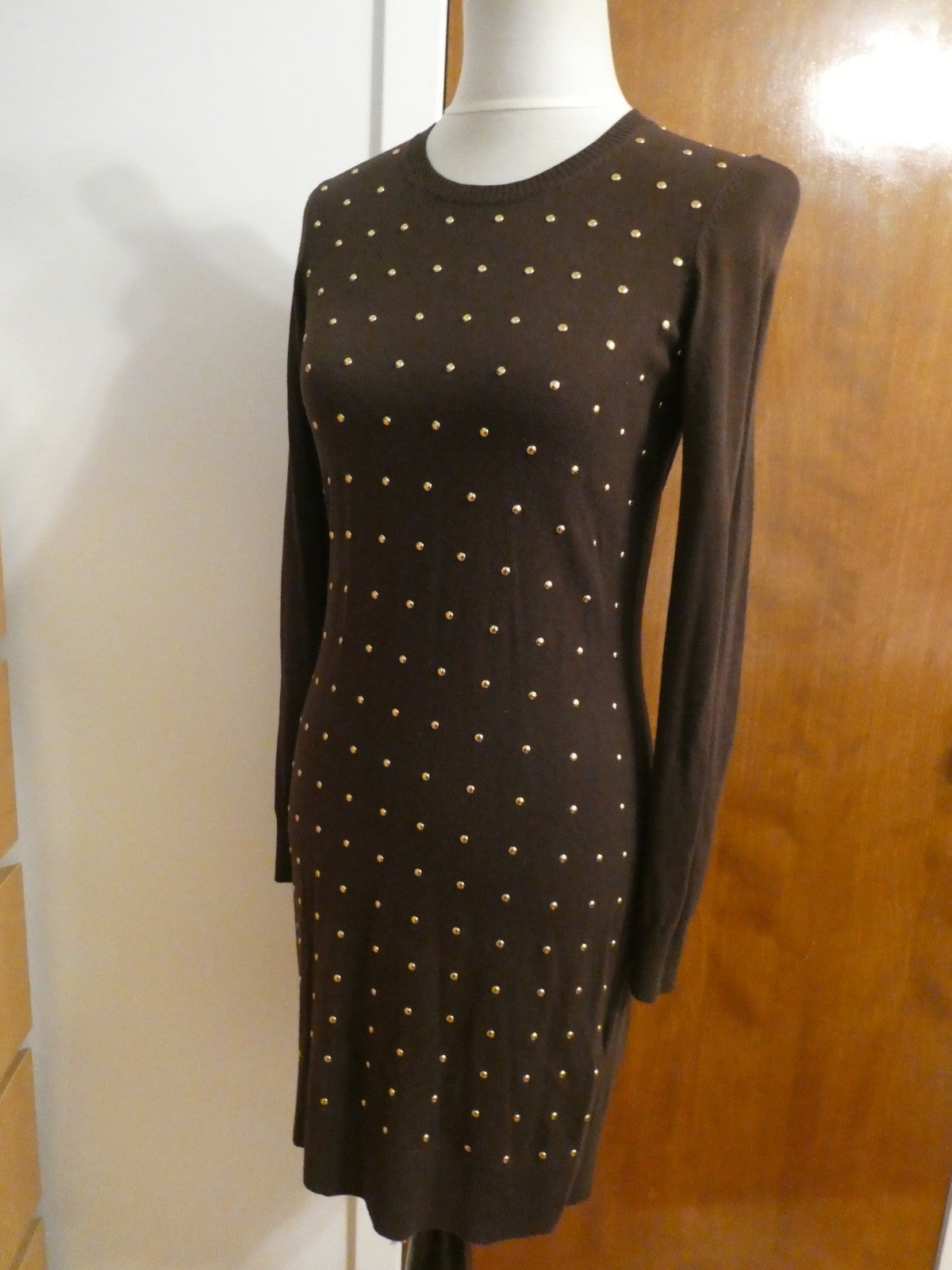 Michael Kors Studded Sweater Dress Size 2 Brown Gold Studded Long Sleeve Bodycon