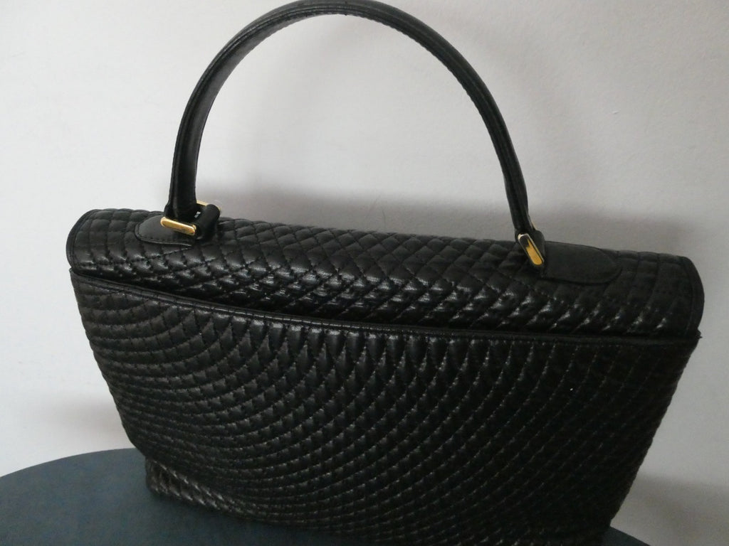 Vintage Bally Women's Black Quilted Leather Top Handle Handbag Gold Tone Italy
