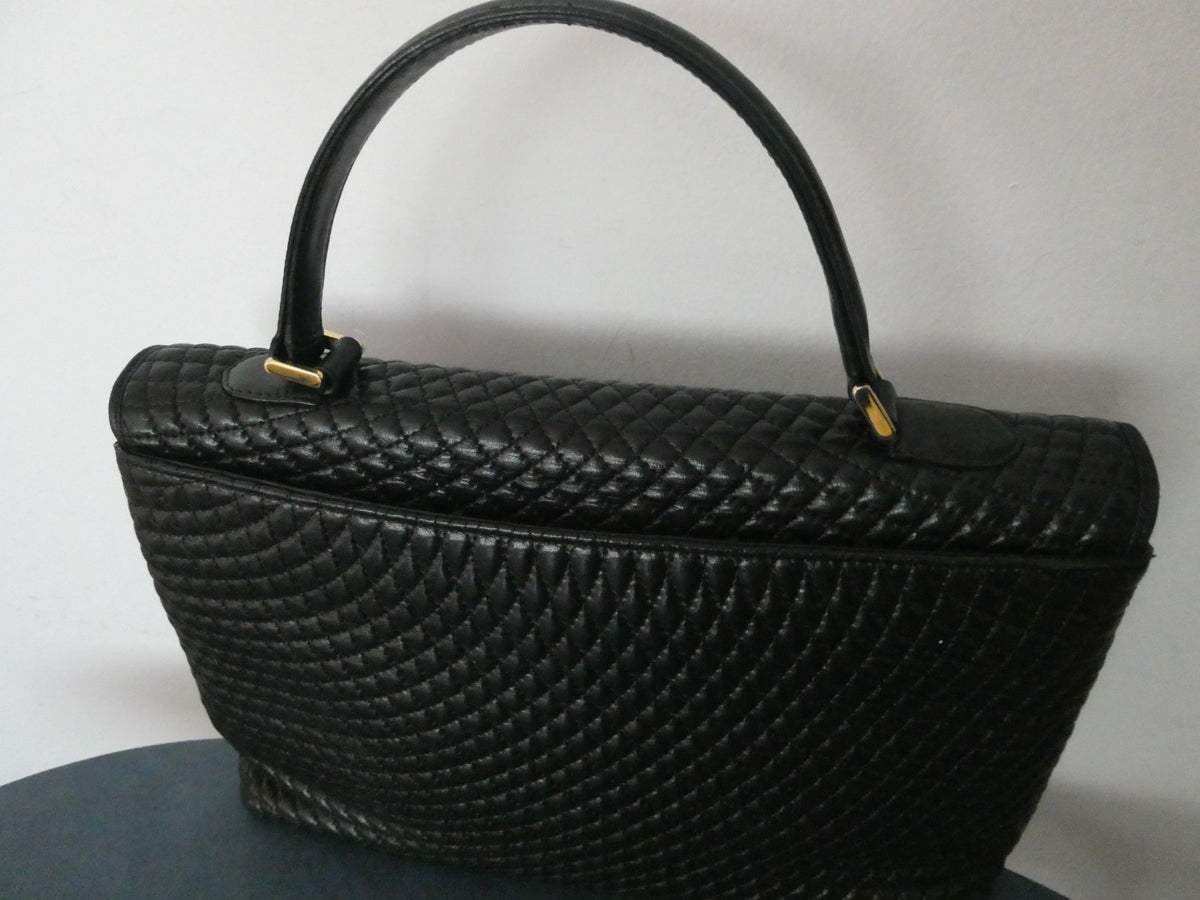 Vintage Bally Women's Black Quilted Leather Top Handle Handbag Gold Tone Italy
