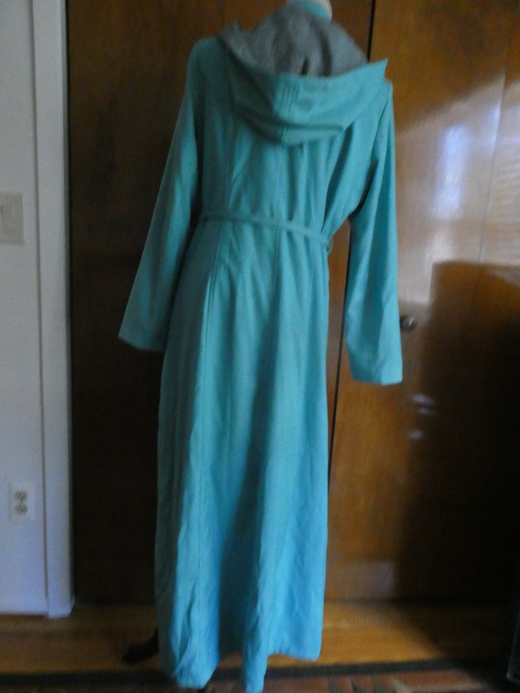 Opal Islamic women light sea green lined full zip belted long hooded coat US14