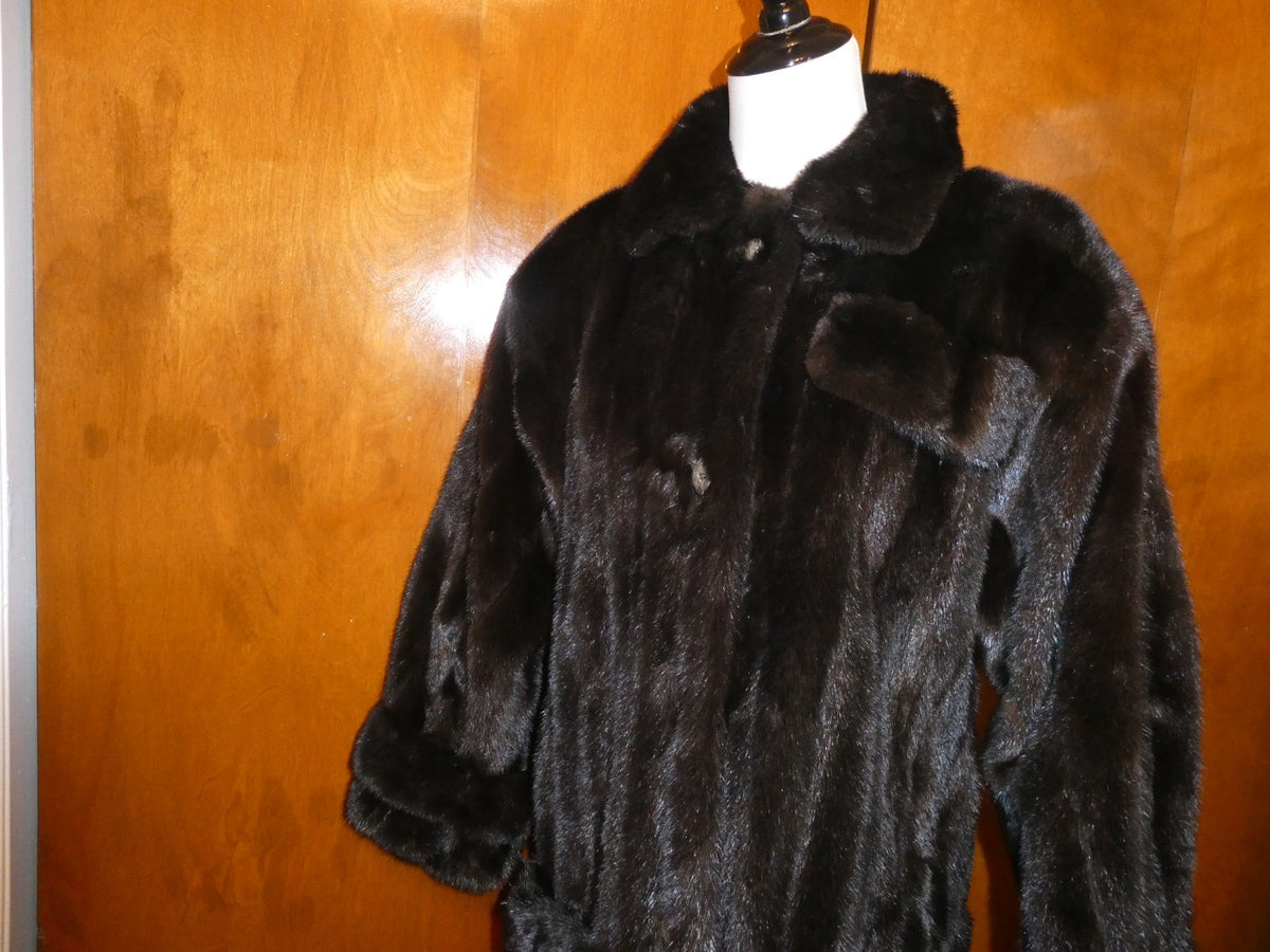 Genuine Mink Fur Coat Full Length Vintage Dark Brown Black Fur Collar Size 12