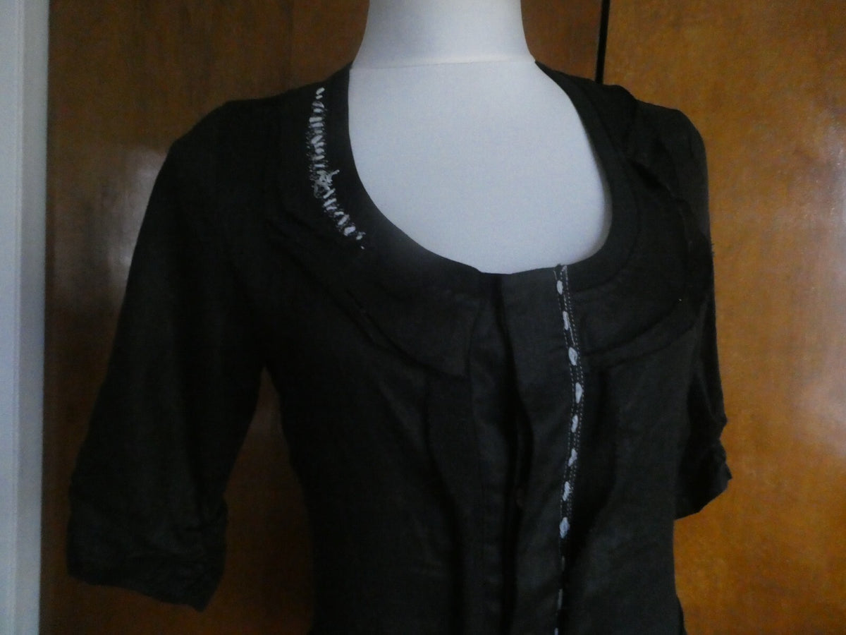 Pink Phoenix Women Black 100% Linen Small 3/4 Sleeve, Button Up, Semi Sheer Top