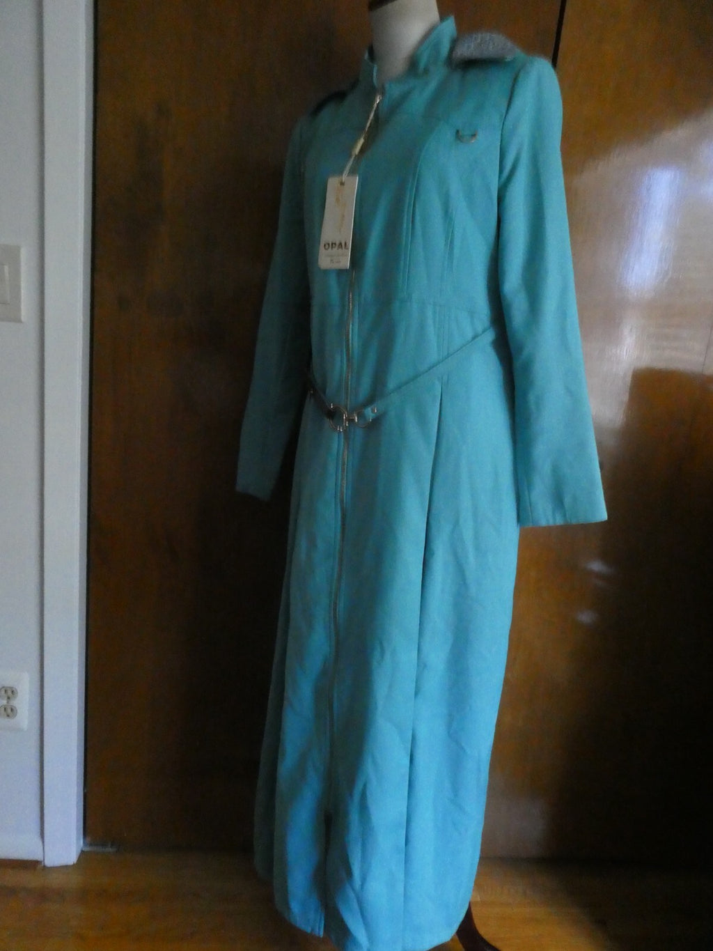 Opal Islamic women light sea green lined full zip belted long hooded coat US14