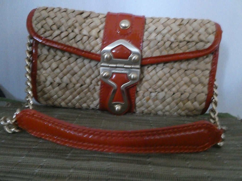Michael Kors Woven Straw And Leather Chain Clutch Purse Walnut