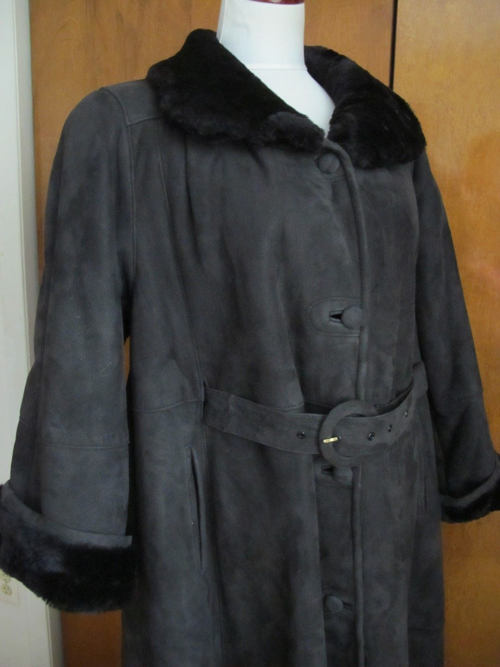 Womens Dark Black Shearling Sheepskin A Line Winter Coat Spain 10 Run Big US 14