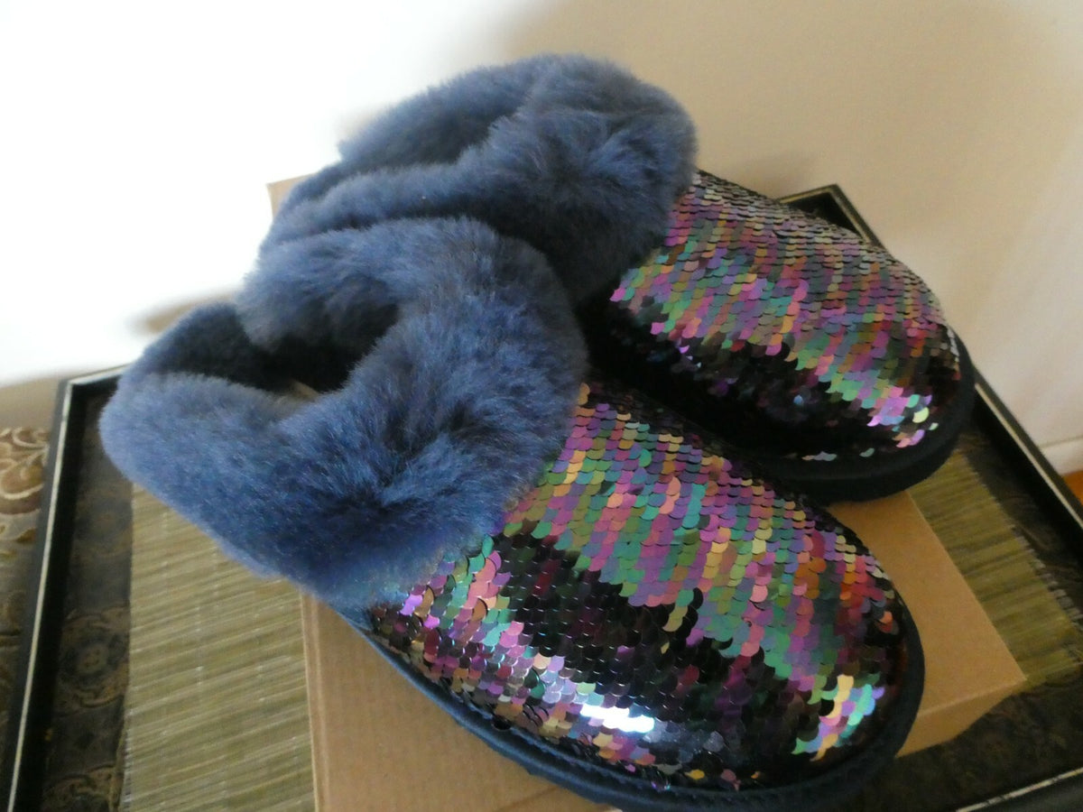 UGG Cluggette Sequins Sheepskin Flux Cozy Women Navy Slipper US 6 Style1127490