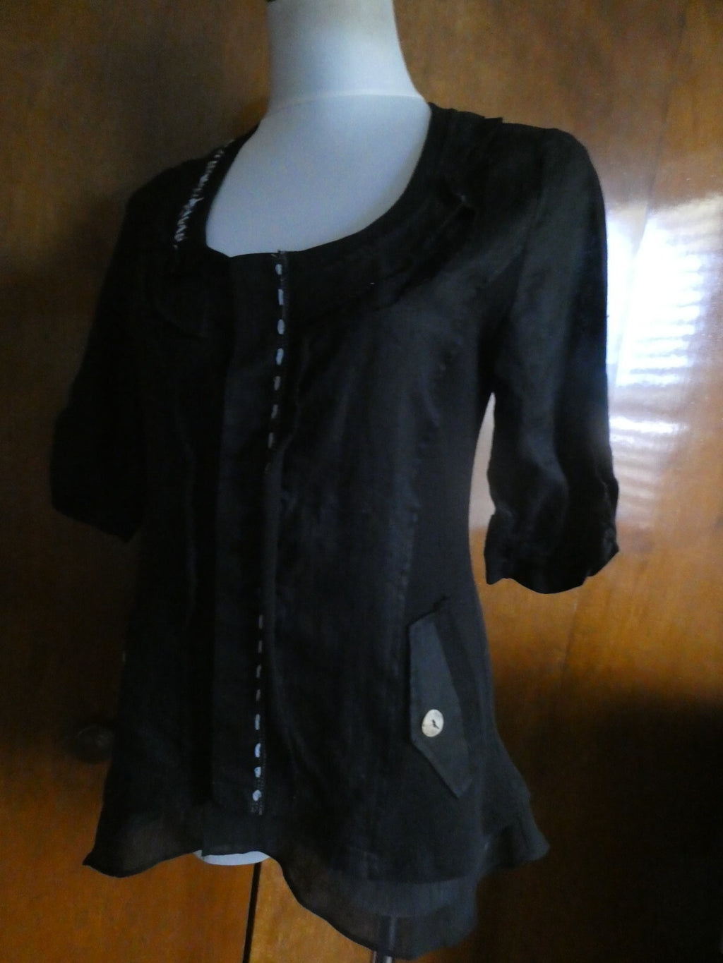 Pink Phoenix Women Black 100% Linen Small 3/4 Sleeve, Button Up, Semi Sheer Top