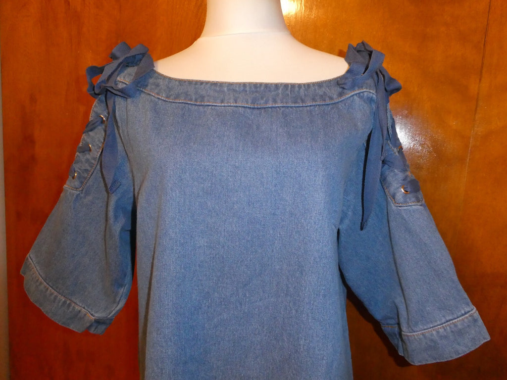 Anthropologie Maeve Denim Shift Dress Lace Up Tie Sleeves Large