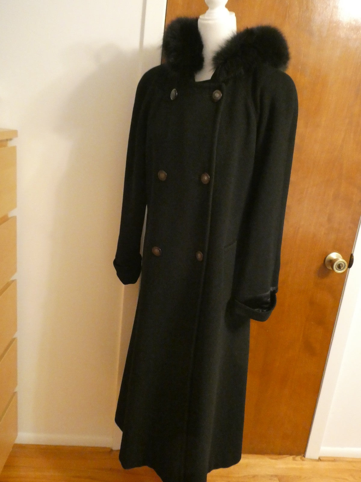 J.G HOOK Women Black 100% Wool A-Line Hood Fox Fur Trim Winter Coat 6 (fit 8-10)