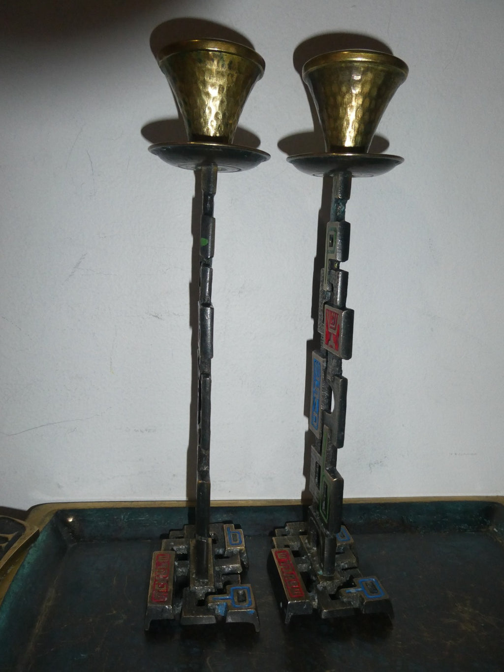 Vintage Made in Israel Brass Shabbat Candlesticks & Tray Set